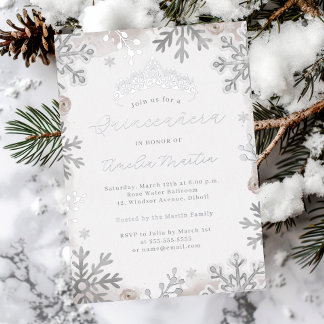 Blush Silber Beige Snowflake Quinceanera Folieneinladung