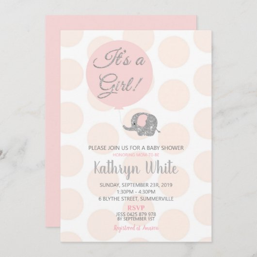 Blush Silver Elephant Baby Shower Einladung Girl (Vorne/Hinten)