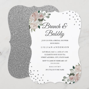 Blush Silver Floral Confetti Brunch und Bubbly Einladung