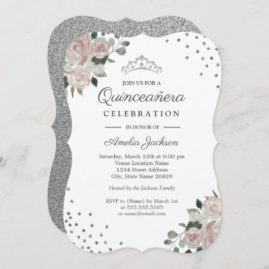 Blush Silver Floral Confetti Quinceanera Einladung (Vorne/Hinten)