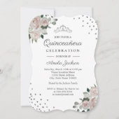 Blush Silver Floral Confetti Quinceanera Einladung (Vorderseite)