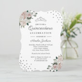 Blush Silver Floral Confetti Quinceanera Einladung (Stehend Vorderseite)