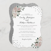 Blush Silver Floral Confetti Wedding Einladung (Vorne/Hinten)