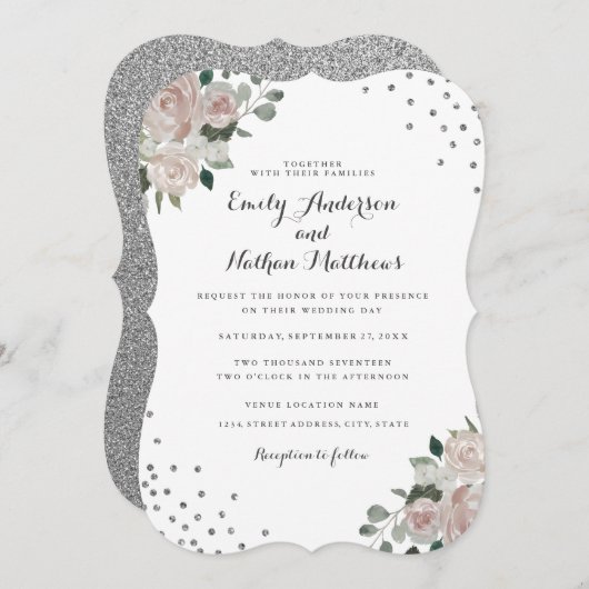 Blush Silver Floral Confetti Wedding Einladung (Vorne/Hinten)