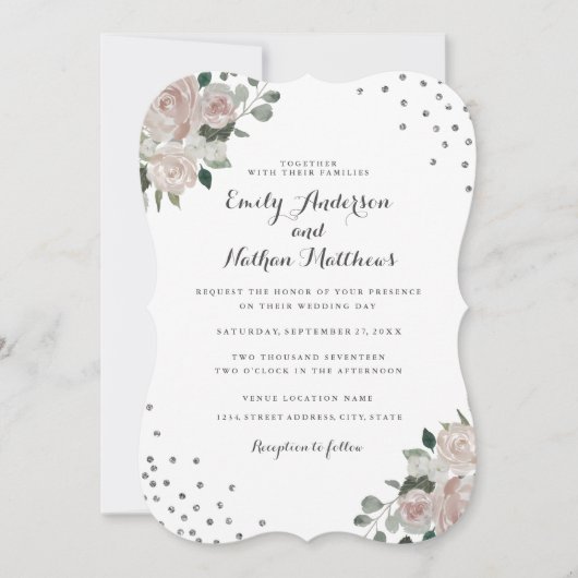 Blush Silver Floral Confetti Wedding Einladung (Vorderseite)