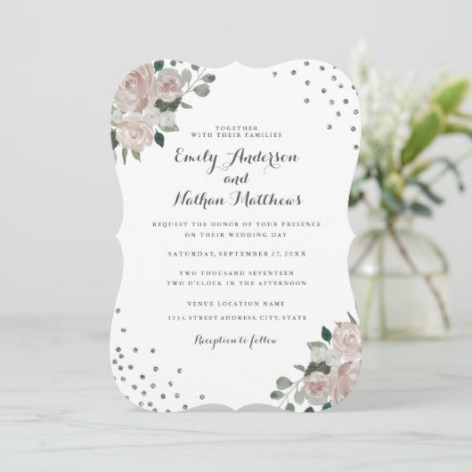 Blush Silver Floral Confetti Wedding Einladung (Stehend Vorderseite)