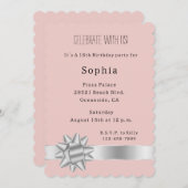 Blush Silver Glam Ribbon und Bow Birthday Einladung (Vorne/Hinten)