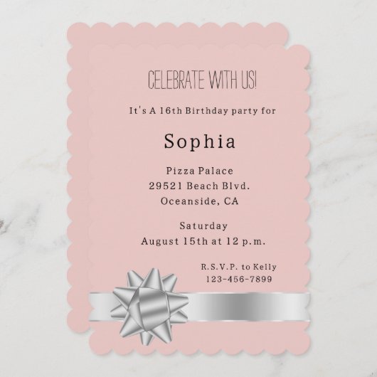 Blush Silver Glam Ribbon und Bow Birthday Einladung (Vorne/Hinten)
