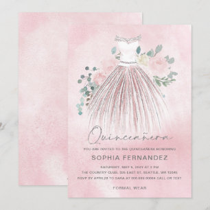 Blush Silver Glitzer Blumenkleid Quinceañera Einladung