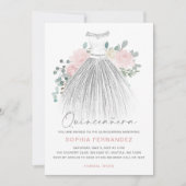 Blush Silver Glitzer Blumenkleid Quinceañera Einladung (Vorderseite)