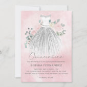 Blush Silver Glitzer Blumenkleid Quinceañera Einladung (Vorderseite)