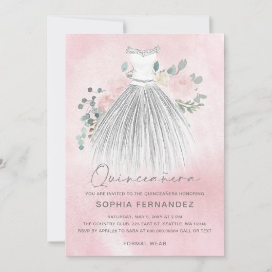 Blush Silver Glitzer Blumenkleid Quinceañera Einladung (Vorderseite)