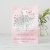 Blush Silver Glitzer Blumenkleid Quinceañera Einladung (Stehend Vorderseite)