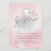Blush Silver Glitzer Blumenkleid Quinceañera Einladung (Vorne/Hinten)