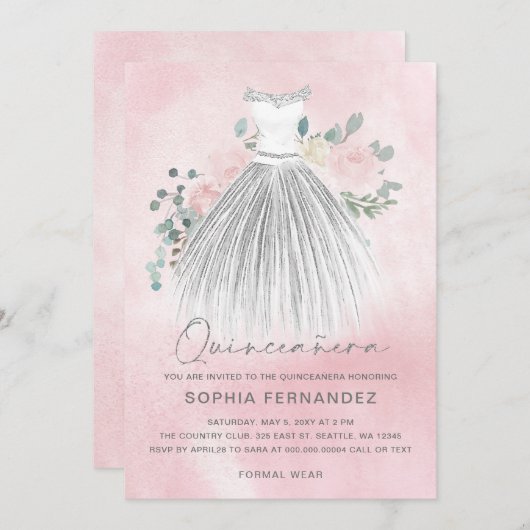 Blush Silver Glitzer Blumenkleid Quinceañera Einladung (Vorne/Hinten)