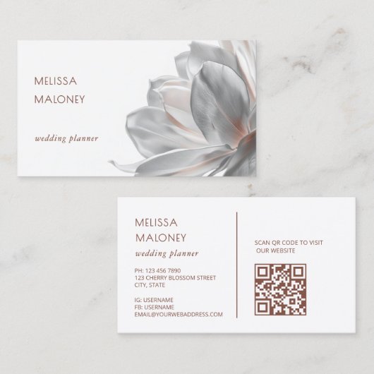 Blush Silver Magnolia White QR Code Business Card Visitenkarte (Vorne/Hinten)