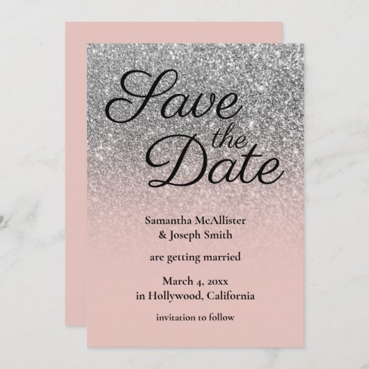 Blush Silver Ombre Glitzer Save the Date Einladung (Vorne/Hinten)