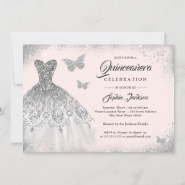 Blush Silver Sparkeil Butterfly Quinceanera Einladung