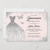 Blush Silver Sparkeil Butterfly Quinceanera Einladung (Vorderseite)