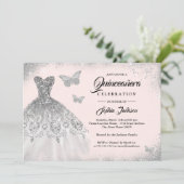 Blush Silver Sparkeil Butterfly Quinceanera Einladung (Stehend Vorderseite)