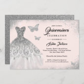 Blush Silver Sparkeil Butterfly Quinceanera Einladung (Vorne/Hinten)