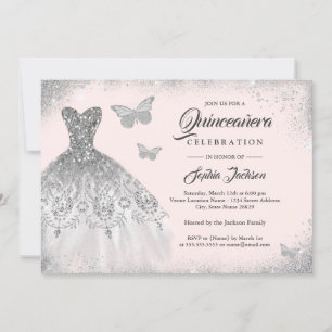 Blush Silver Sparkeil Butterfly Quinceanera Einladung