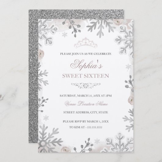 Blush Silver Winter Wonderland Sweet 16. Geburtsta Einladung (Vorne/Hinten)