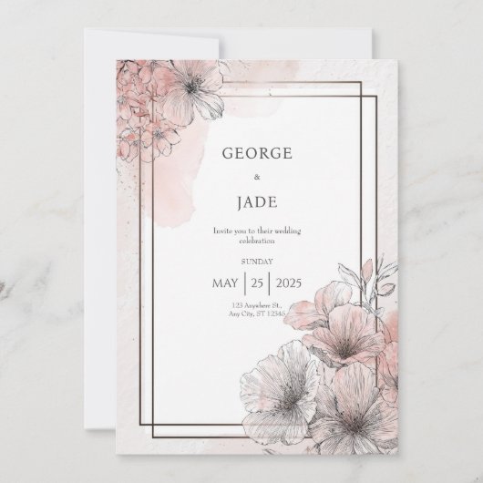 Blush Sketch Floral Romantische Hochzeit Einladung (Vorderseite)