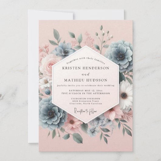 Blush Slate Romantic Bloom Wedding Einladung (Vorderseite)