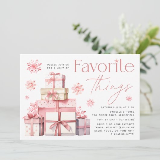 Blush Snowflake Weihnachten Lieblings-Dinge Party Einladung (Stehend Vorderseite)