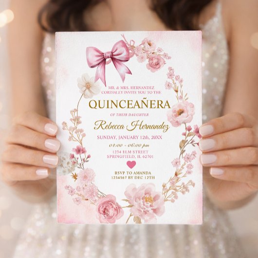 Blush Soft Pink Bow Quinceañera Einladung
