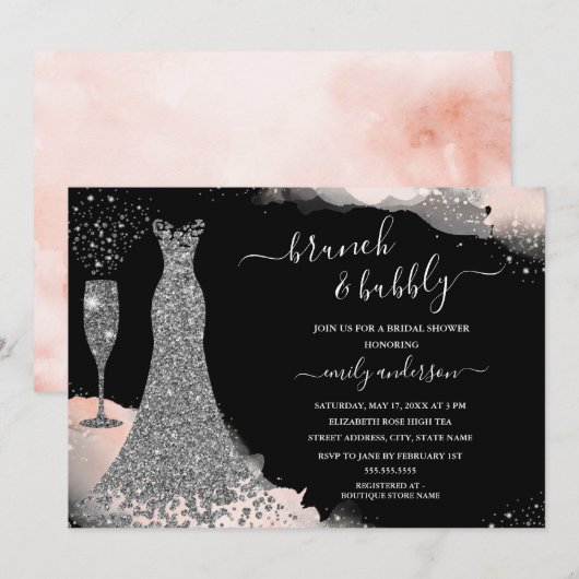 Blush Sparkress Brunch & Bubbly Brautparty Einladung (Vorne/Hinten)