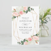 Blush Spring Bloral Gold Rahmen Hochzeit Einladung (Stehend Vorderseite)