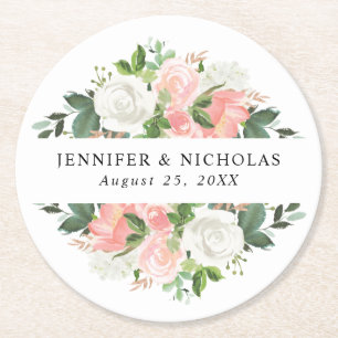 Blush Spring Floral Personalisierte Hochzeit Runder Pappuntersetzer