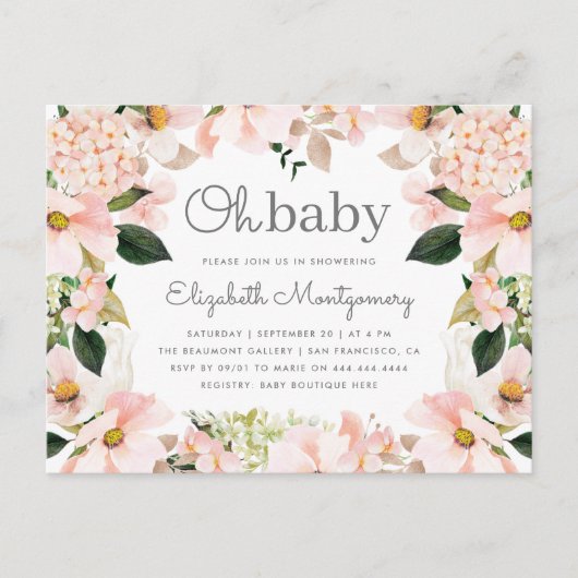 Blush Spring Floral Wreath Oh Baby Dusche Einladungspostkarte (Vorderseite)