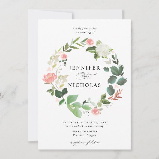 Blush Spring Floral Wreath Wedding Einladung (Vorderseite)