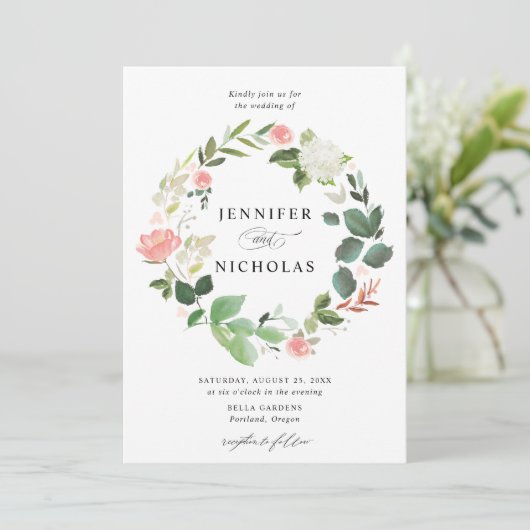 Blush Spring Floral Wreath Wedding Einladung (Stehend Vorderseite)