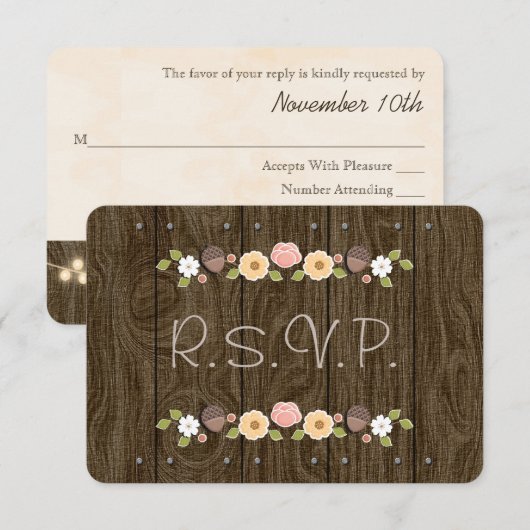 Blush String of Lights Acorn Rustic Wedding RSVP Karte (Vorne/Hinten)