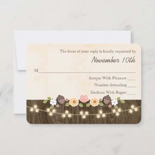 Blush String of Lights Acorn Rustic Wedding RSVP Karte (Rückseite)