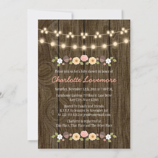 Blush String of Lights Fall Rustic Baby Shower Einladung (Vorderseite)