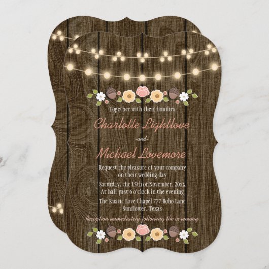 Blush String of Lights Fall Rustikale Acorn Hochze Einladung (Vorne/Hinten)