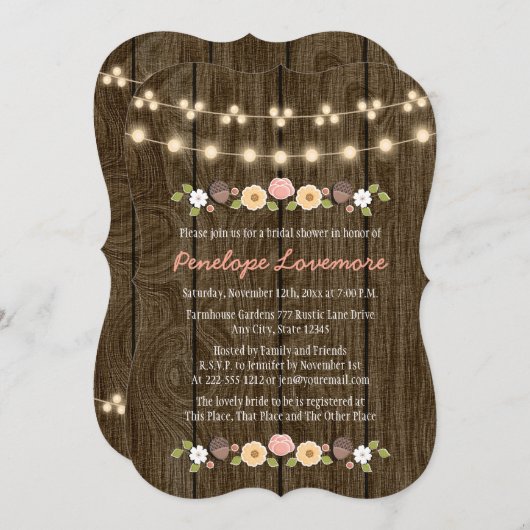 Blush String of Lights Fall Rustikales Brautparty Einladung (Vorne/Hinten)