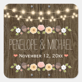 Blush String of Lights Rustic Fall Acorn Hochzeit Quadratischer Aufkleber