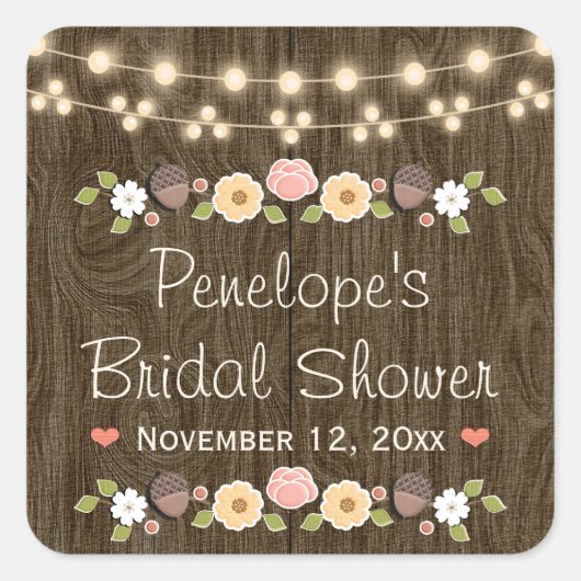 Blush String of Lights Rustic Fall Brautparty Quadratischer Aufkleber (Vorderseite)