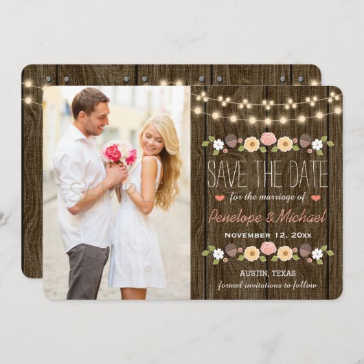 Blush String of Lights Rustic Save the Date Card (Vorne/Hinten)