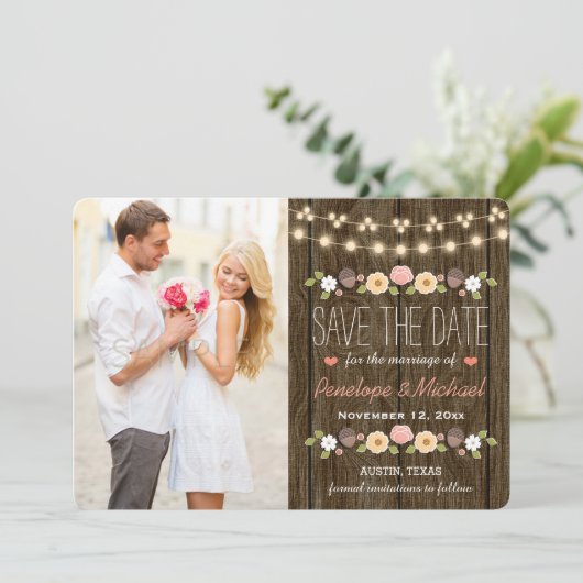 Blush String of Lights Rustic Save the Date Card (Stehend Vorderseite)