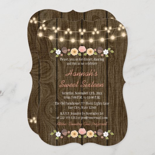 Blush String of Lights Rustic Sweet 16 Einladung (Vorne/Hinten)