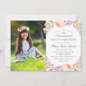 Blush Stripe and Bloom Foto Erste Kommunion Einladung (Vorderseite)
