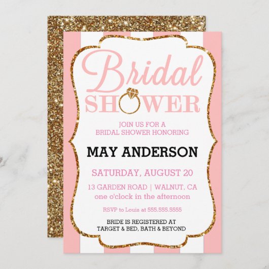 Blush Stripe Gold Glitzer Bridal Dusche Einladung (Vorne/Hinten)