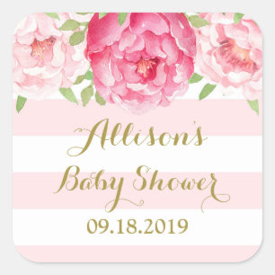 Blush Stripe Pink Bloral Baby Dusche Gefallen Tag Quadratischer Aufkleber